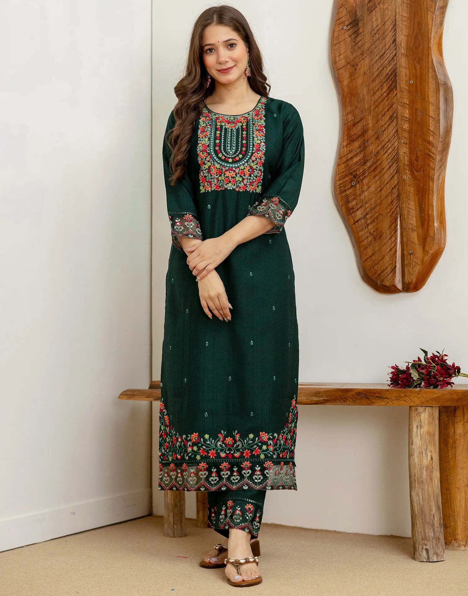 Silk Blend Embroidered Straight 3 Piece Kurta Set