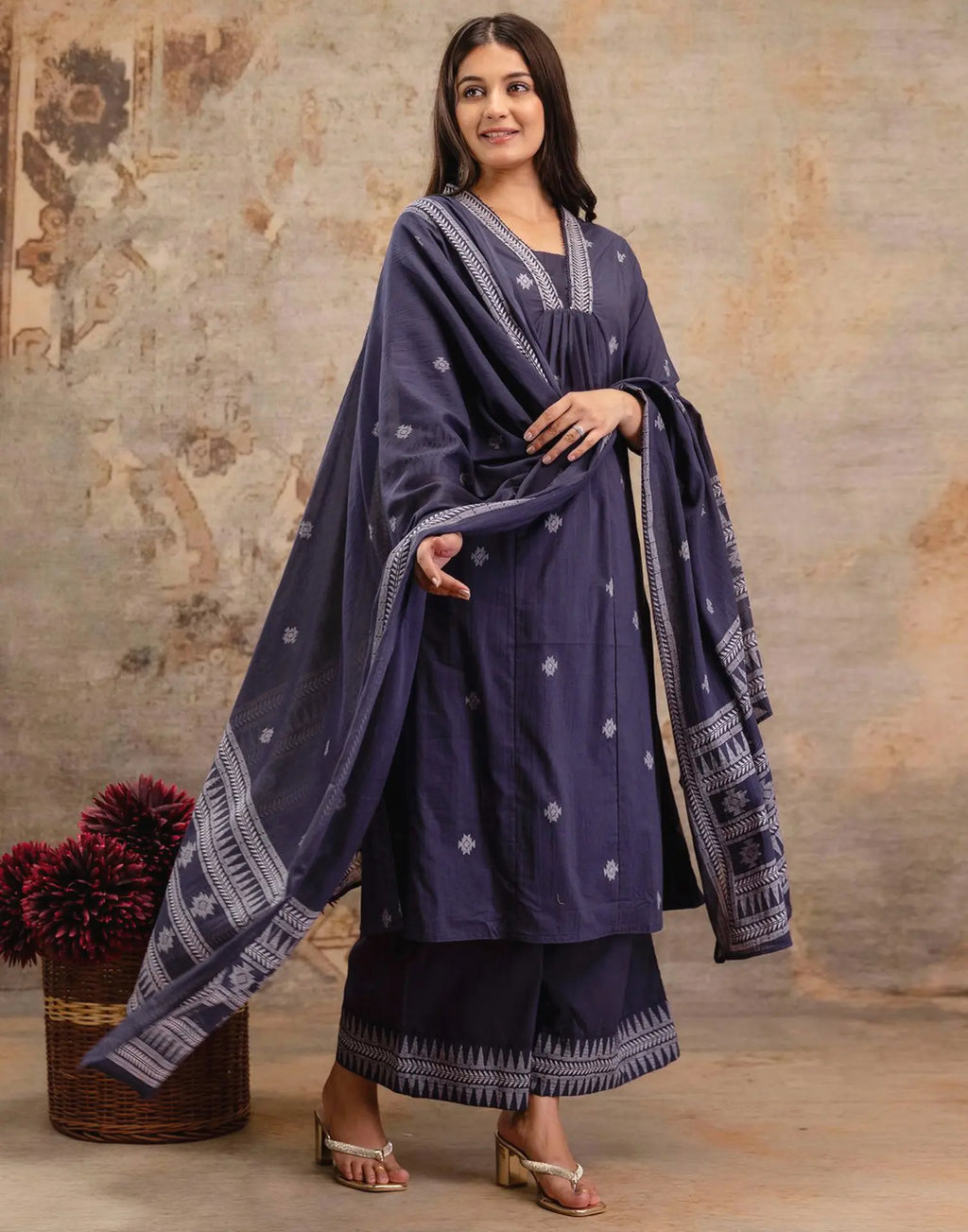 Pure Cotton Embroidered A-Line 3 Piece Kurta Set