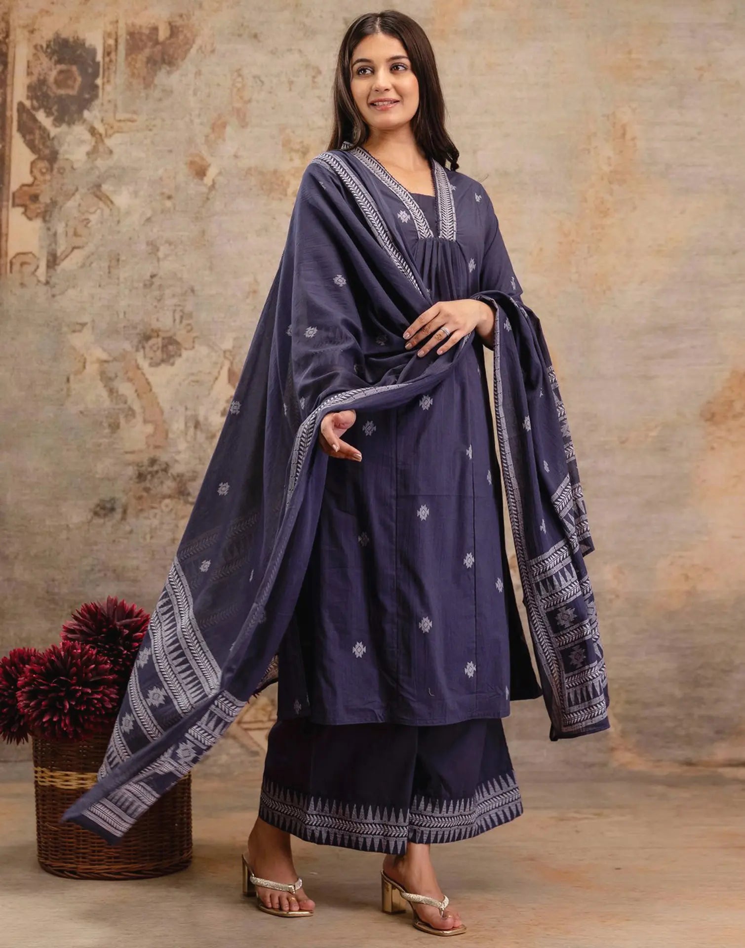 Pure Cotton Embroidered A-Line 3 Piece Kurta Set