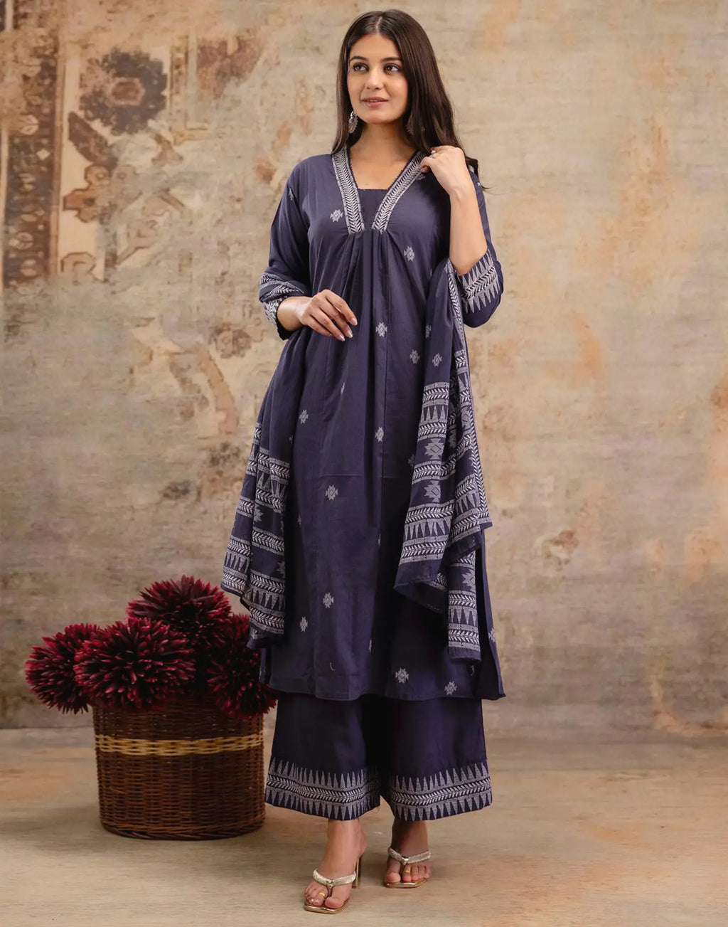 Pure Cotton Embroidered A-Line 3 Piece Kurta Set