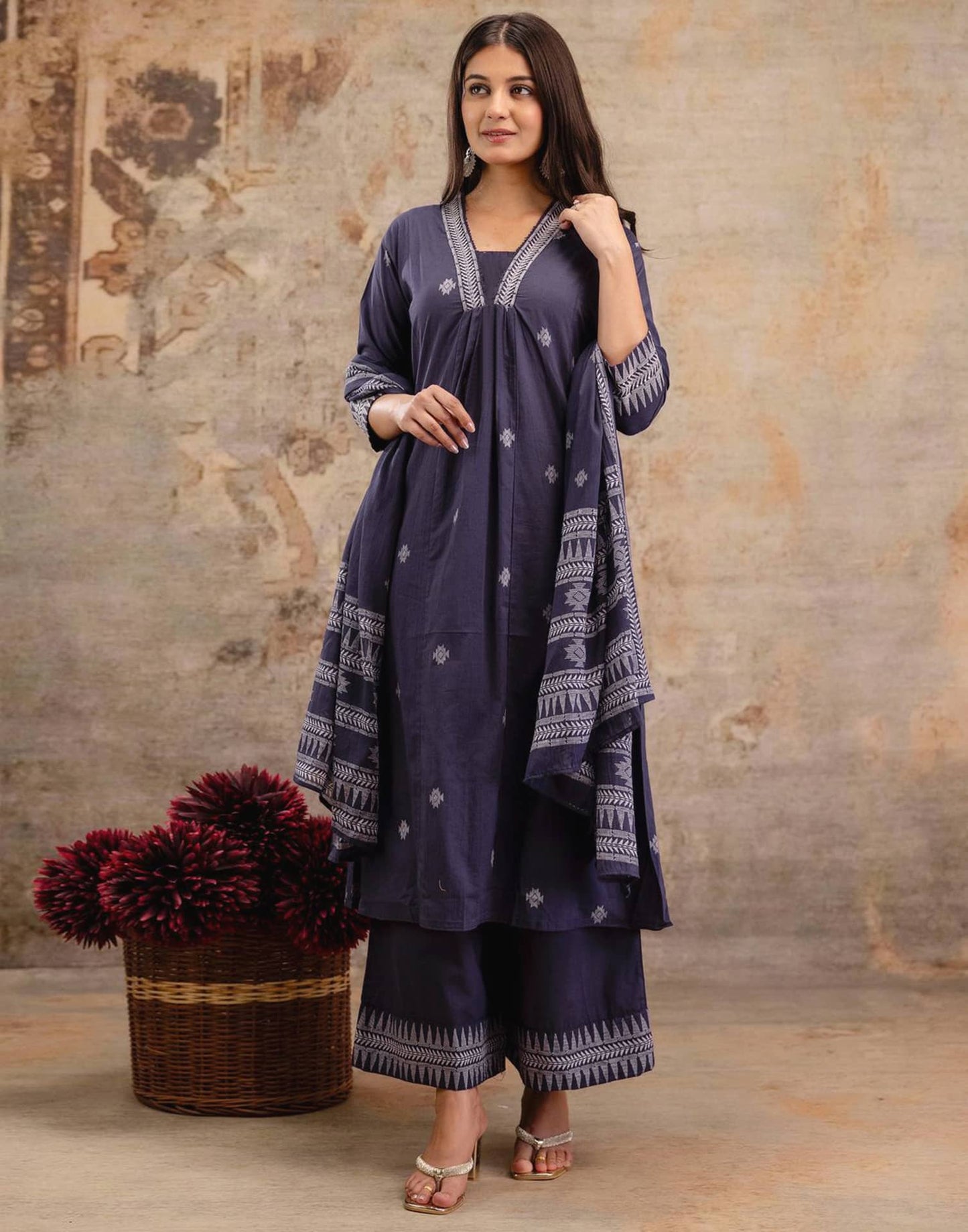 Cotton Printed A-Line Kurta with Pant & Dupatta