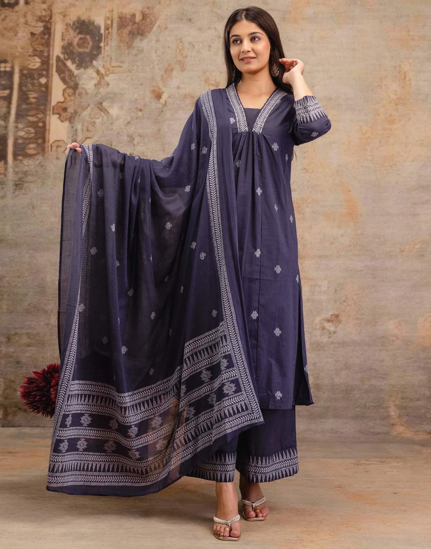 Cotton Printed A-Line Kurta with Pant & Dupatta