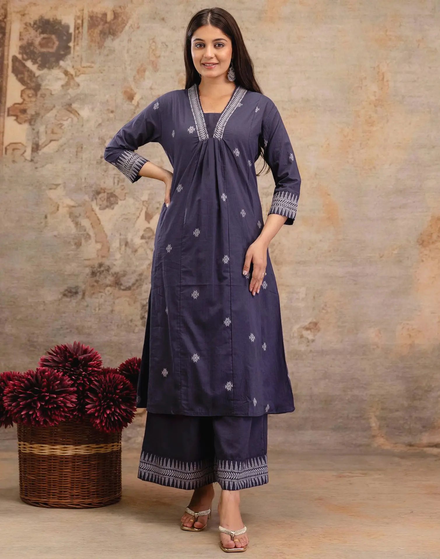 Pure Cotton Embroidered A-Line 3 Piece Kurta Set