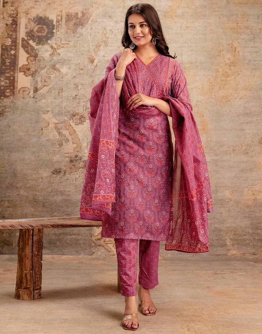 Cotton Printed Straight Kurta with Pant & Dupatta