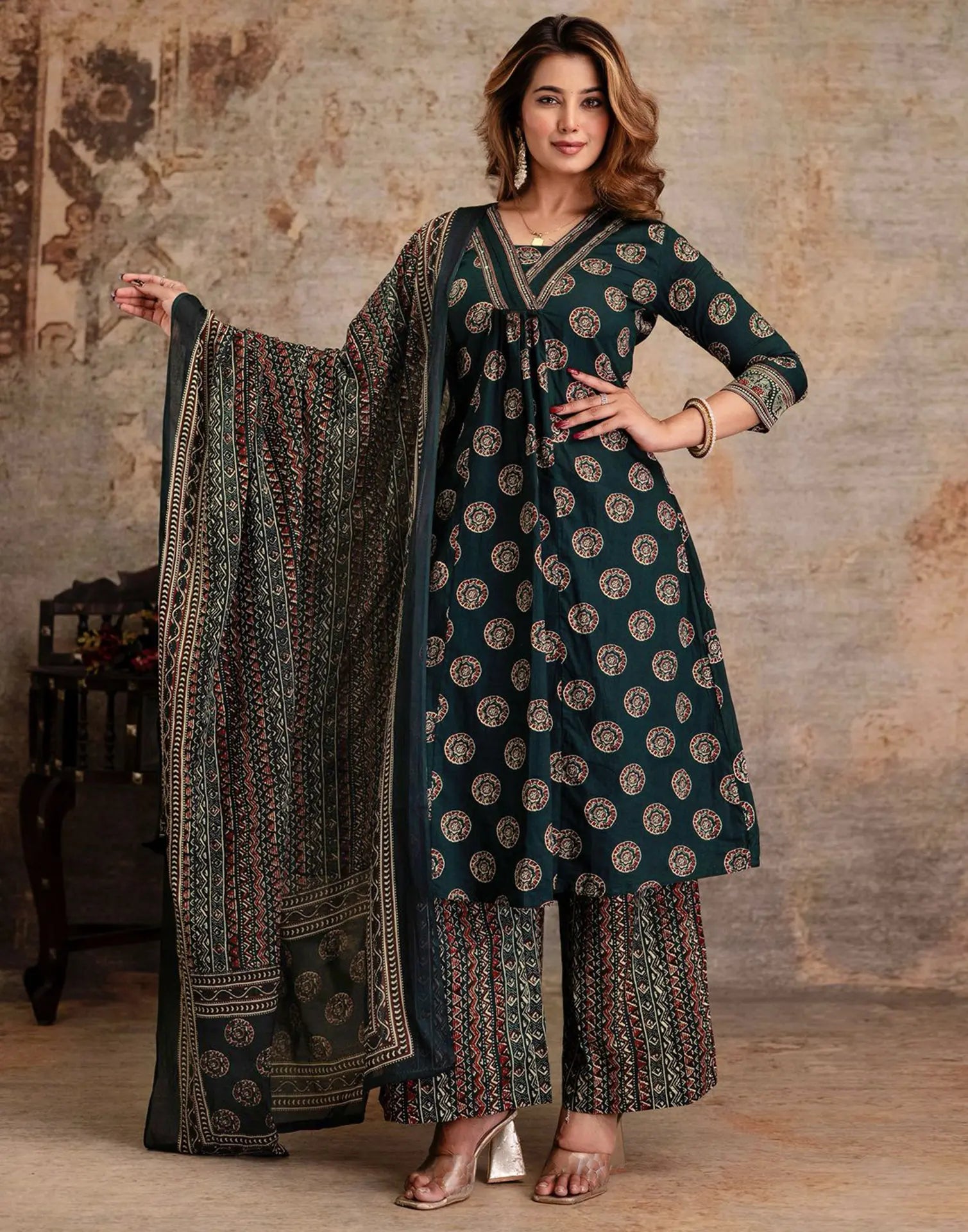 Viscose Rayon Printed A-Line 3 Piece Kurta Set
