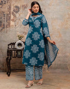 Skylee Cotton Printed Straight 3 Piece Kurta Set For Woman