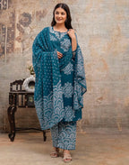 Skylee Cotton Printed Straight 3 Piece Kurta Set For Woman