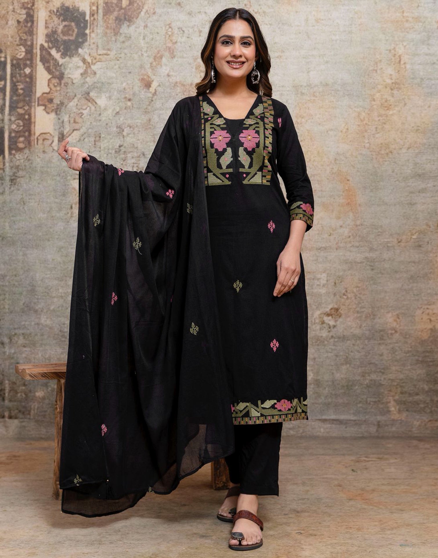 Skylee Cotton Embroidered Straight 3 Piece Kurta Set For Woman
