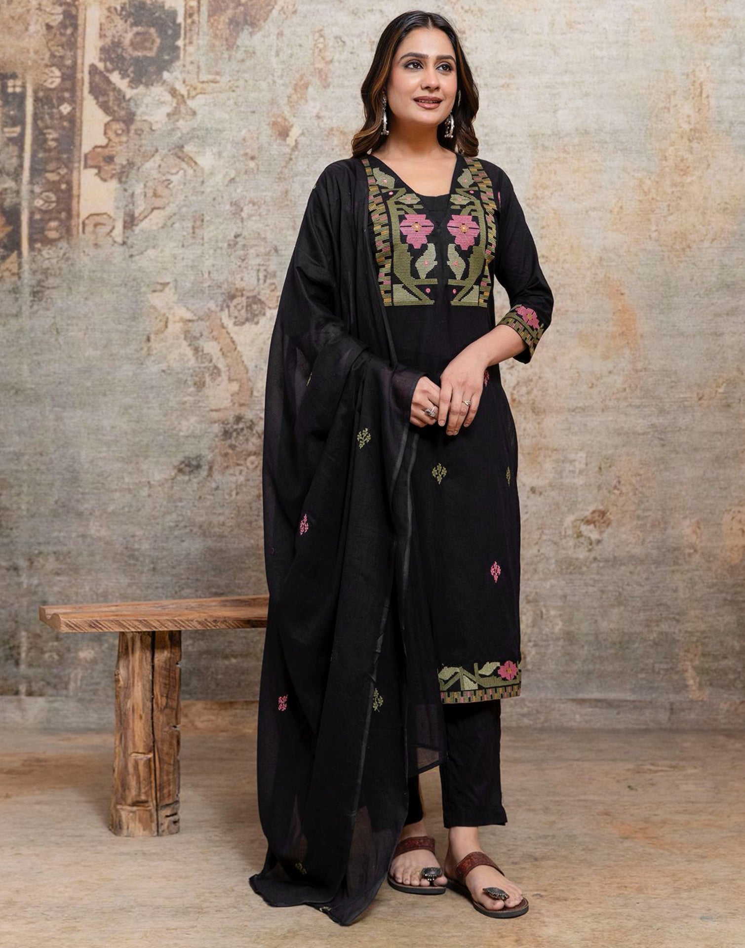 Skylee Cotton Embroidered Straight 3 Piece Kurta Set For Woman