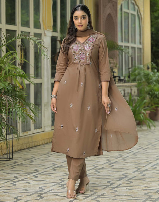 Cotton Embroidered A-line Kurta with Pant & Dupatta