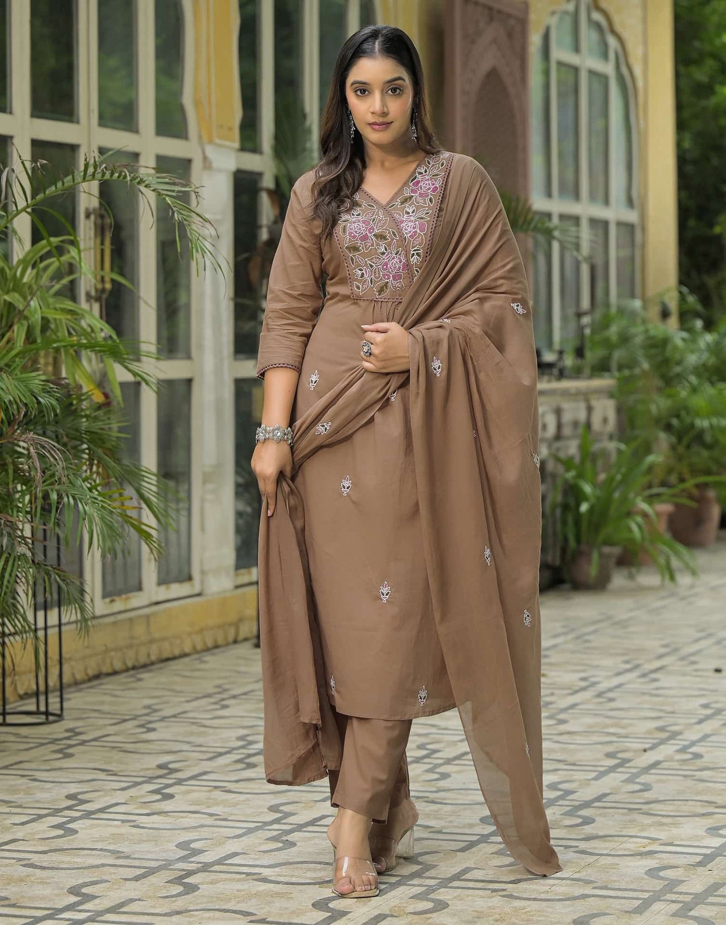 Cotton Embroidered A-line Kurta with Pant & Dupatta