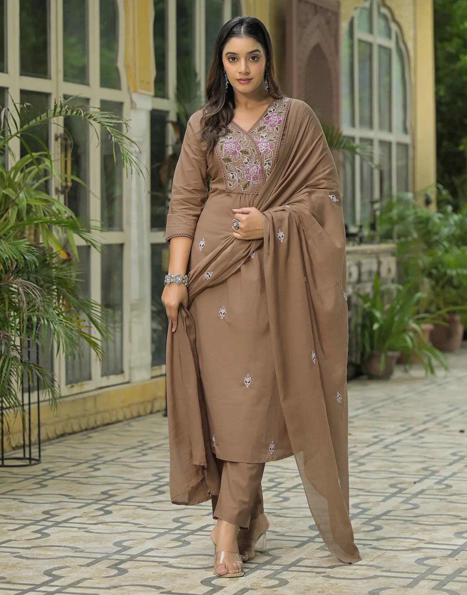 Cotton Embroidered A-Line 3 Piece Kurta Set