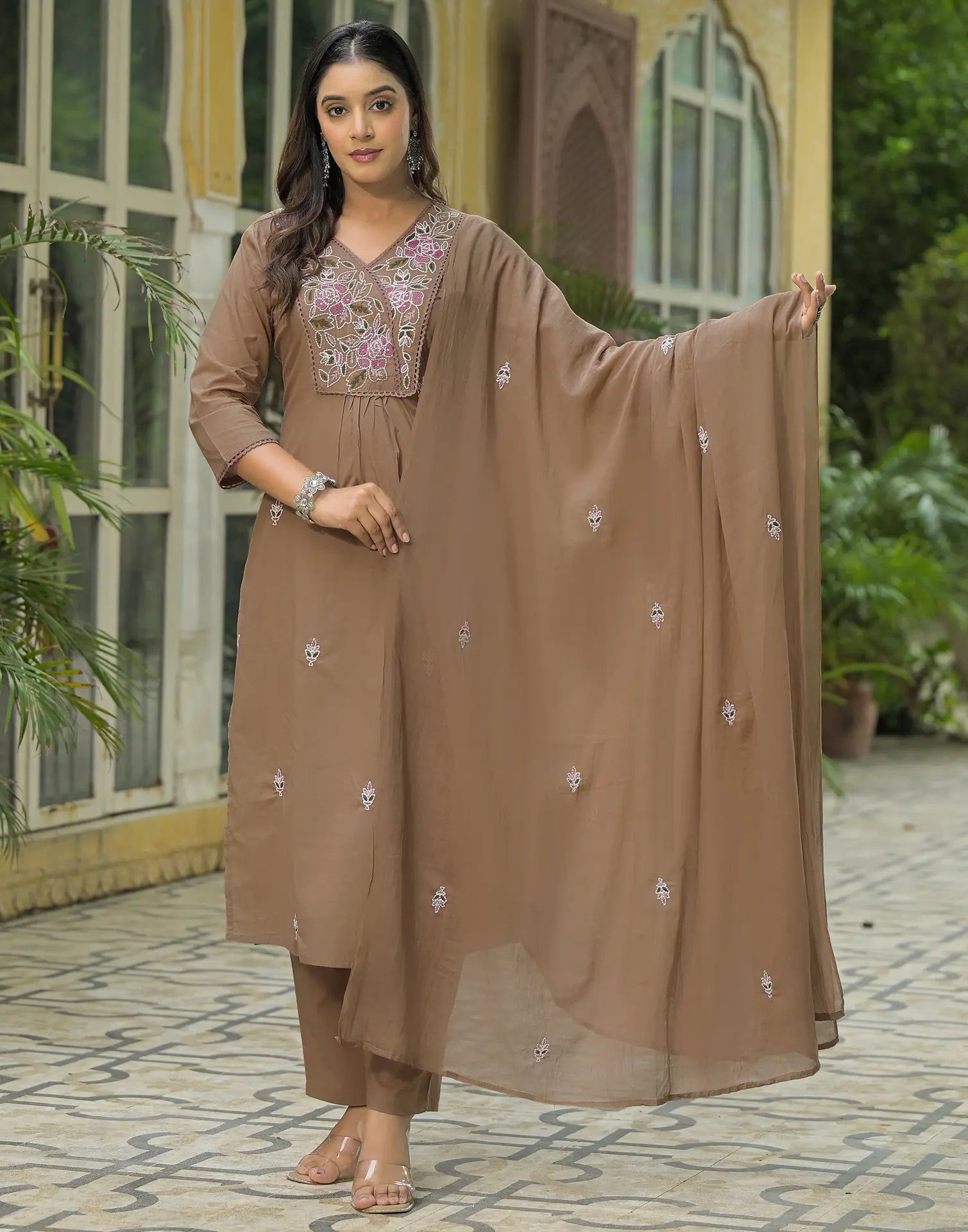 Cotton Embroidered A-Line 3 Piece Kurta Set