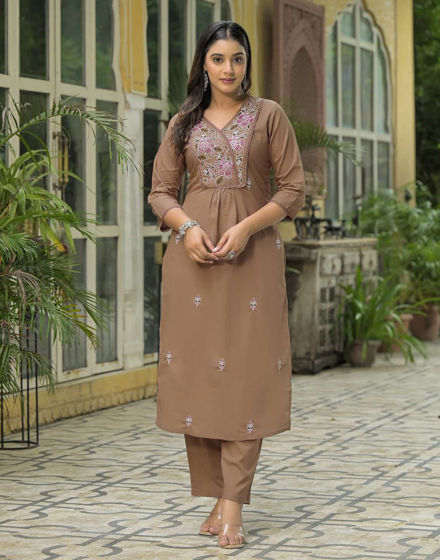 Cotton Embroidered A-line Kurta with Pant & Dupatta
