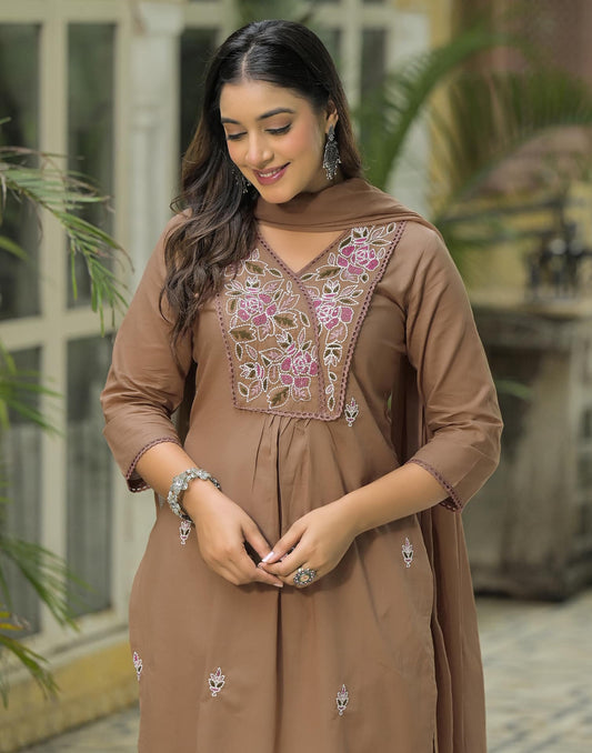 Cotton Embroidered A-line Kurta with Pant & Dupatta
