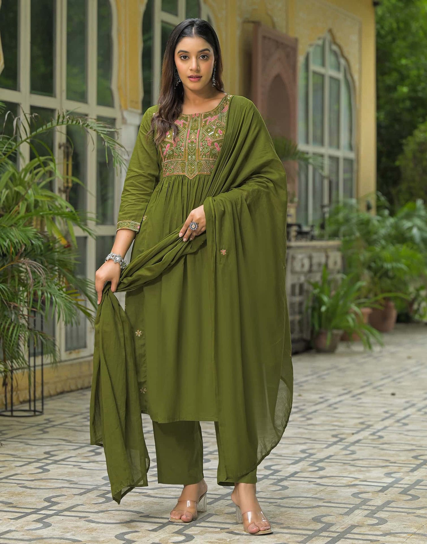 Cotton Embroidered A-line Kurta with Pant & Dupatta