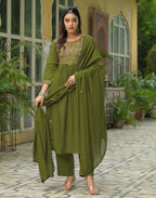 Pure Cotton Embroidered A-Line 3 Piece Kurta Set