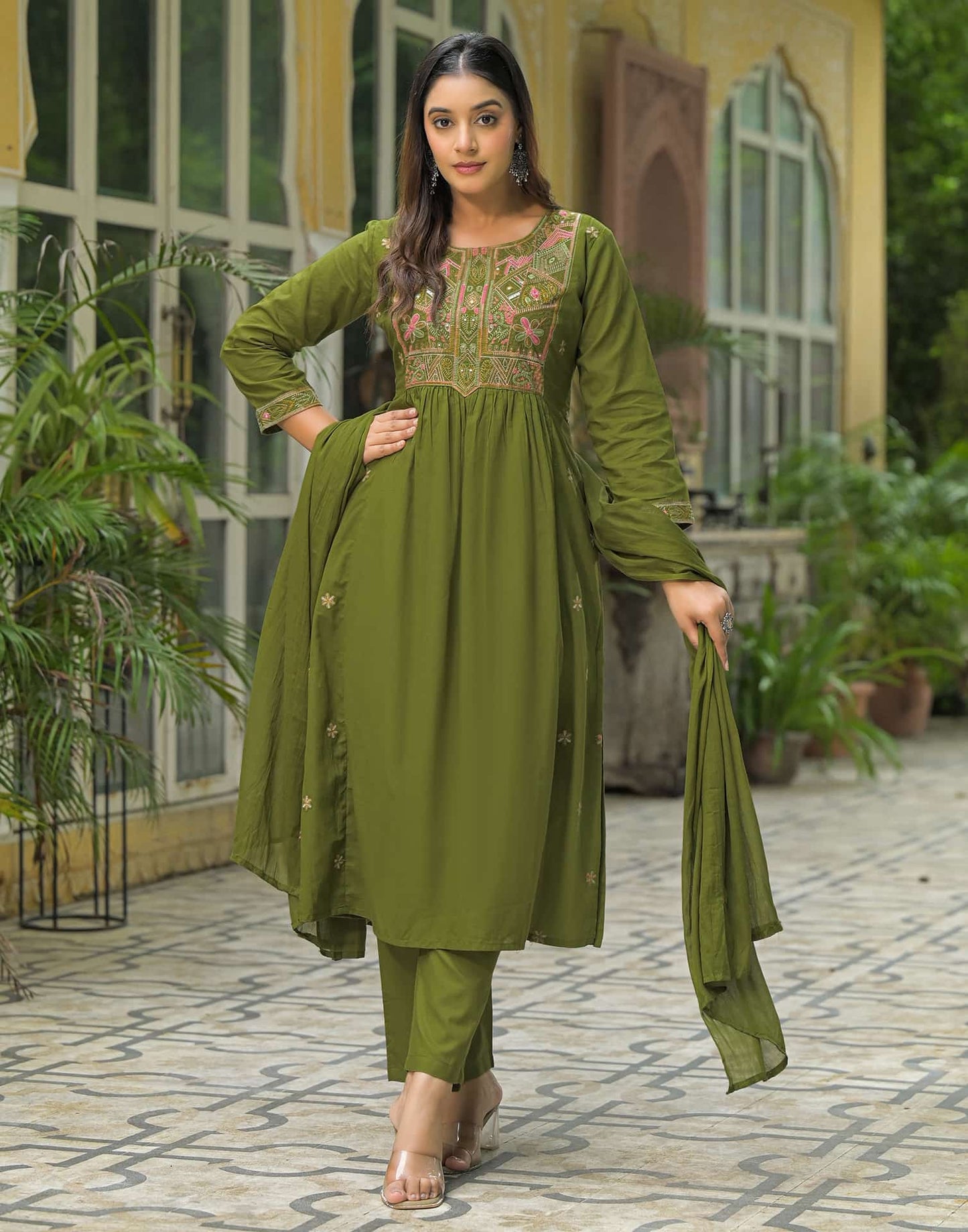 Cotton Embroidered A-line Kurta with Pant & Dupatta