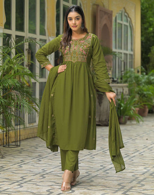 Cotton Embroidered A-line Kurta with Pant & Dupatta