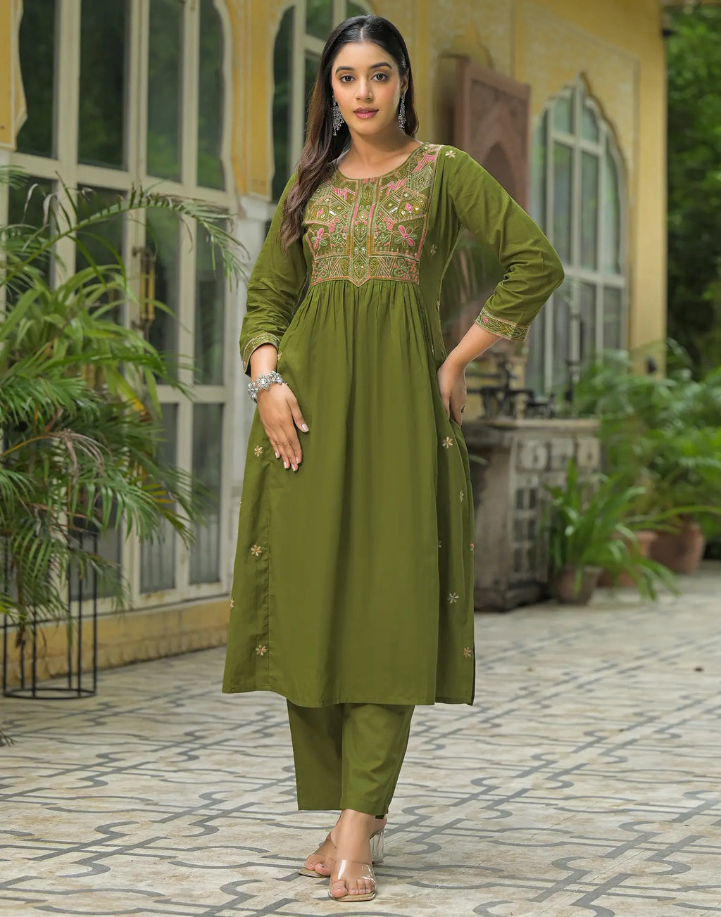 Pure Cotton Embroidered A-Line 3 Piece Kurta Set