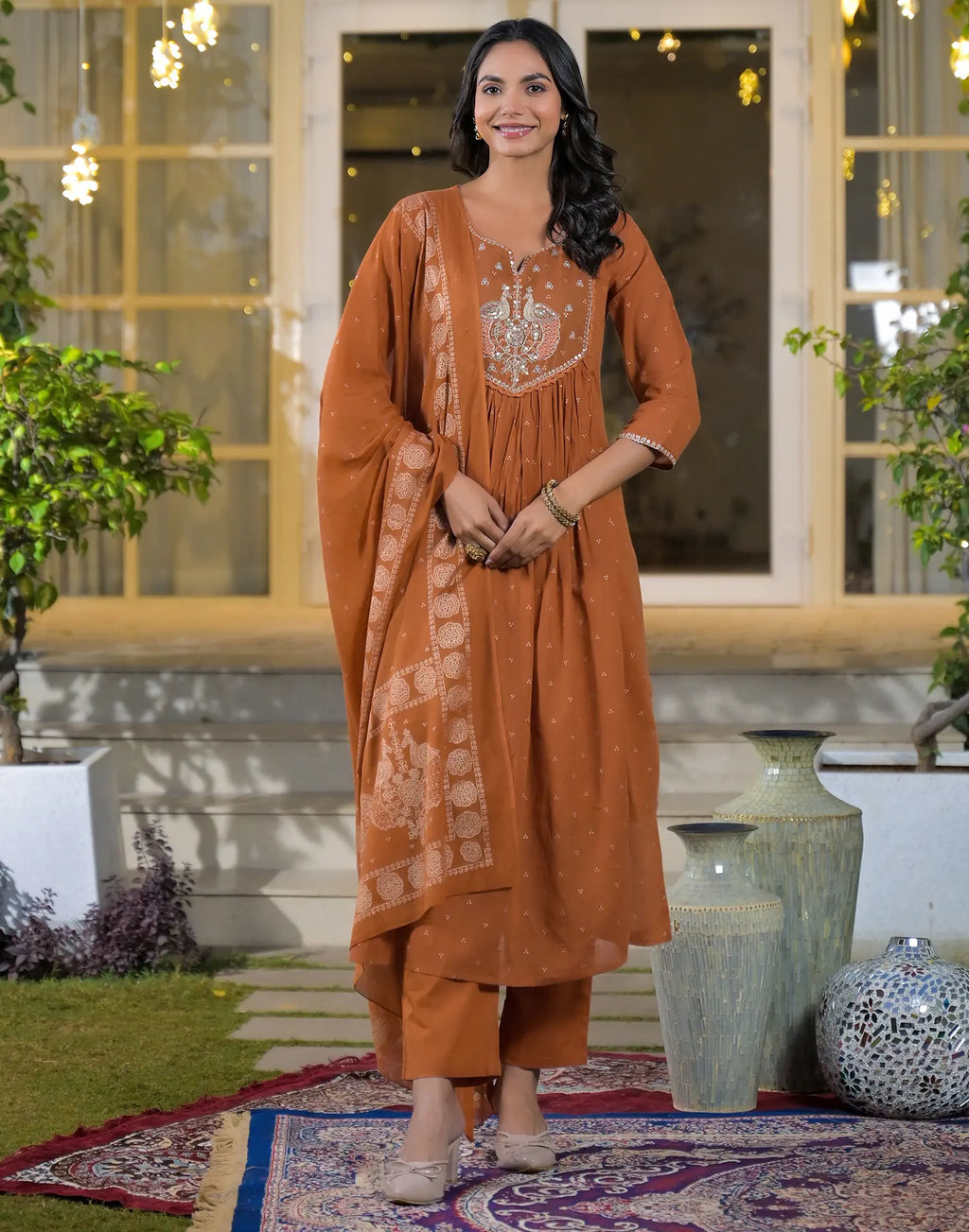 Mul Cotton Embroidered A-Line 3 Piece Kurta Set