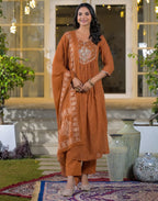 Mul Cotton Embroidered A-Line 3 Piece Kurta Set
