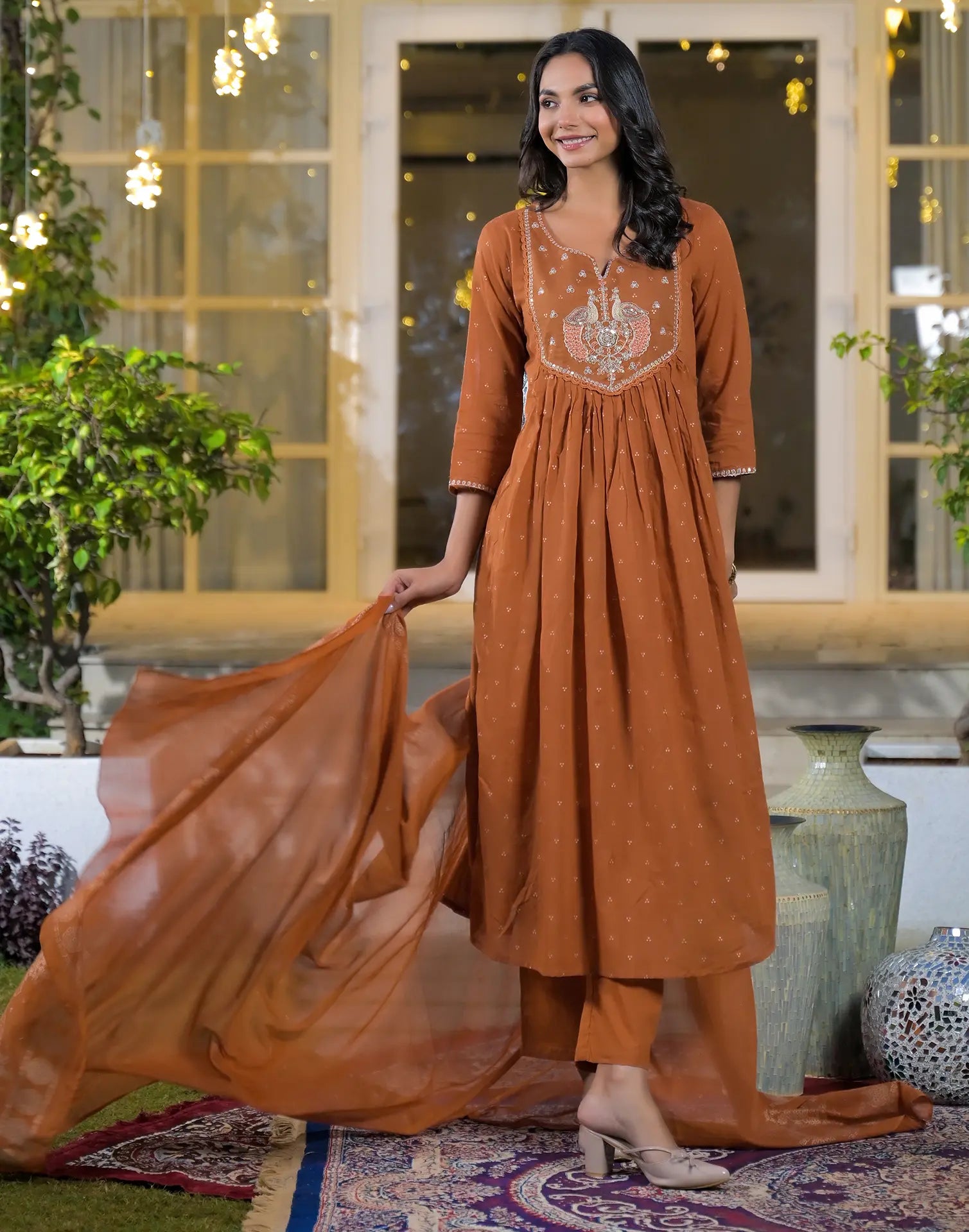 Mul Cotton Embroidered A-Line 3 Piece Kurta Set