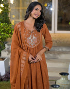 Mul Cotton Embroidered A-Line 3 Piece Kurta Set