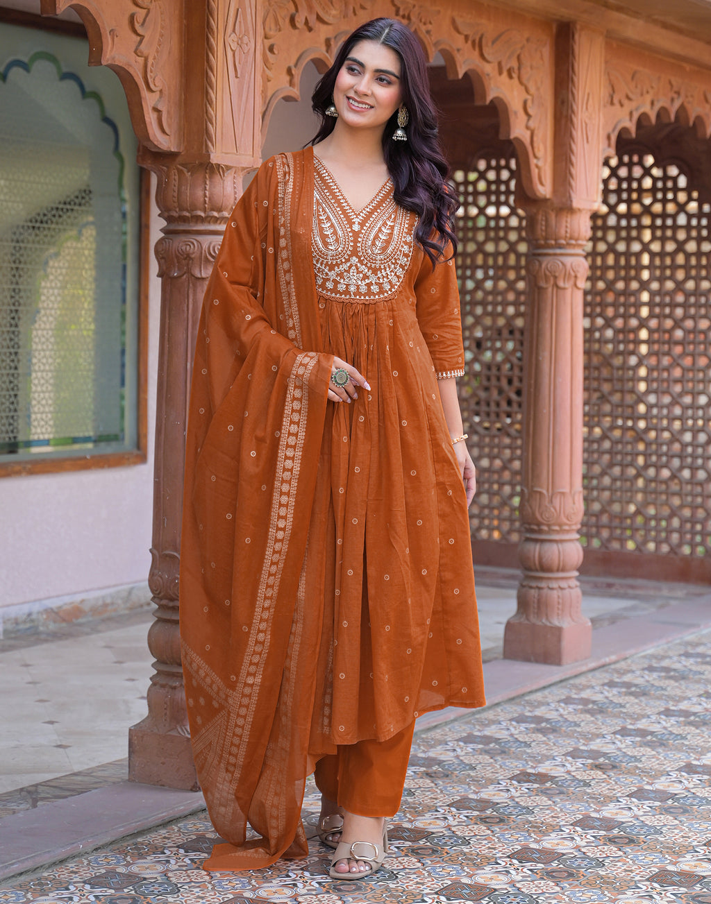Skylee Cotton Embroidered Anarkali 3 Piece Kurta Set For Woman