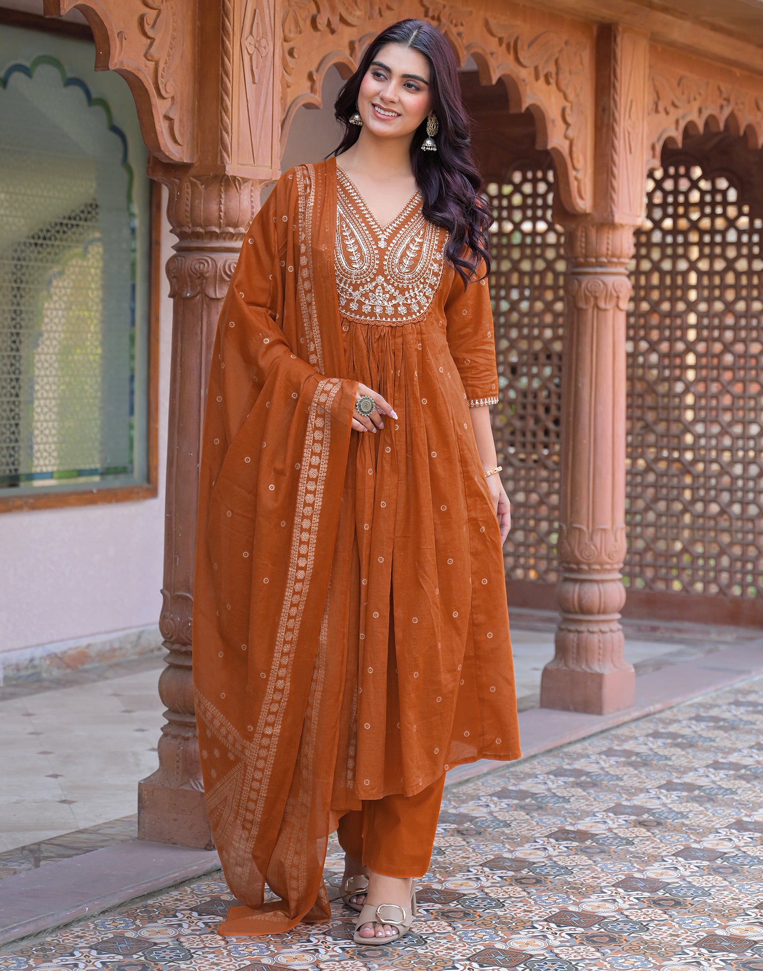 Skylee Cotton Embroidered Anarkali 3 Piece Kurta Set For Woman