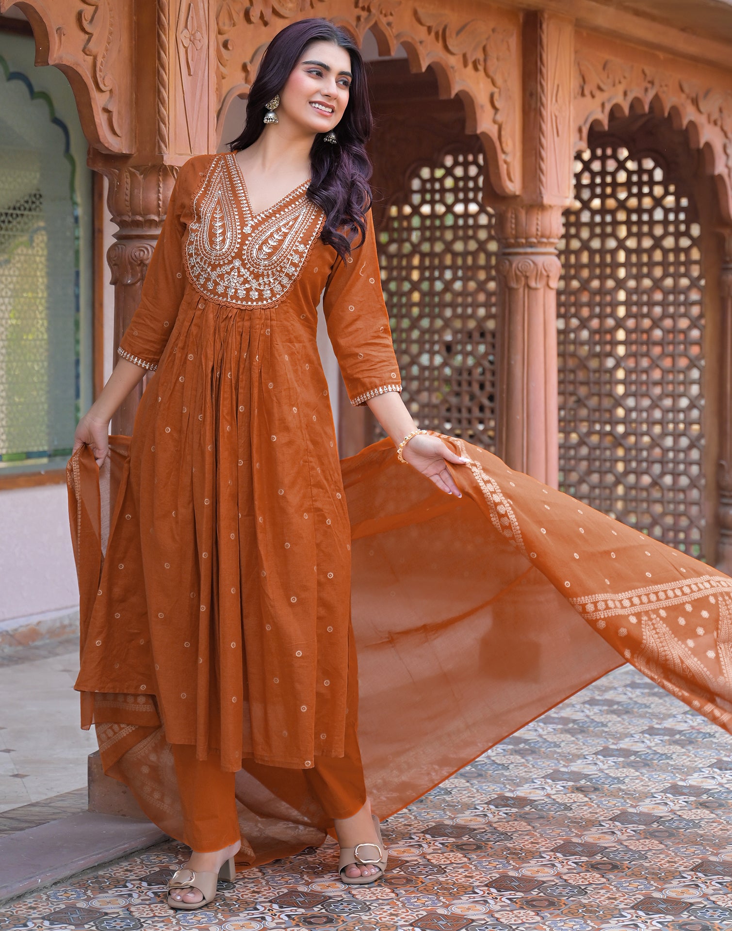 Skylee Cotton Embroidered Anarkali 3 Piece Kurta Set For Woman