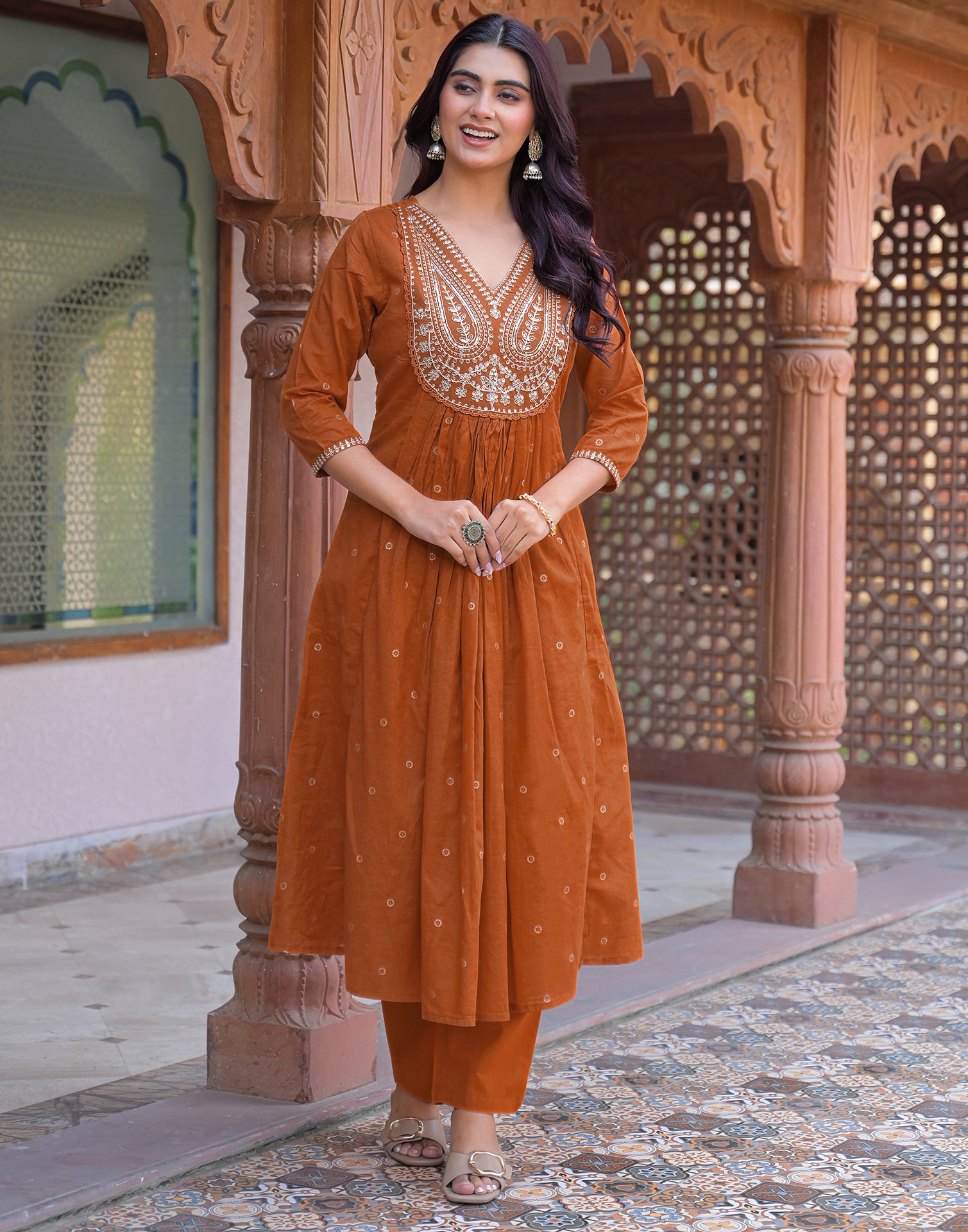 Skylee Cotton Embroidered Anarkali 3 Piece Kurta Set For Woman