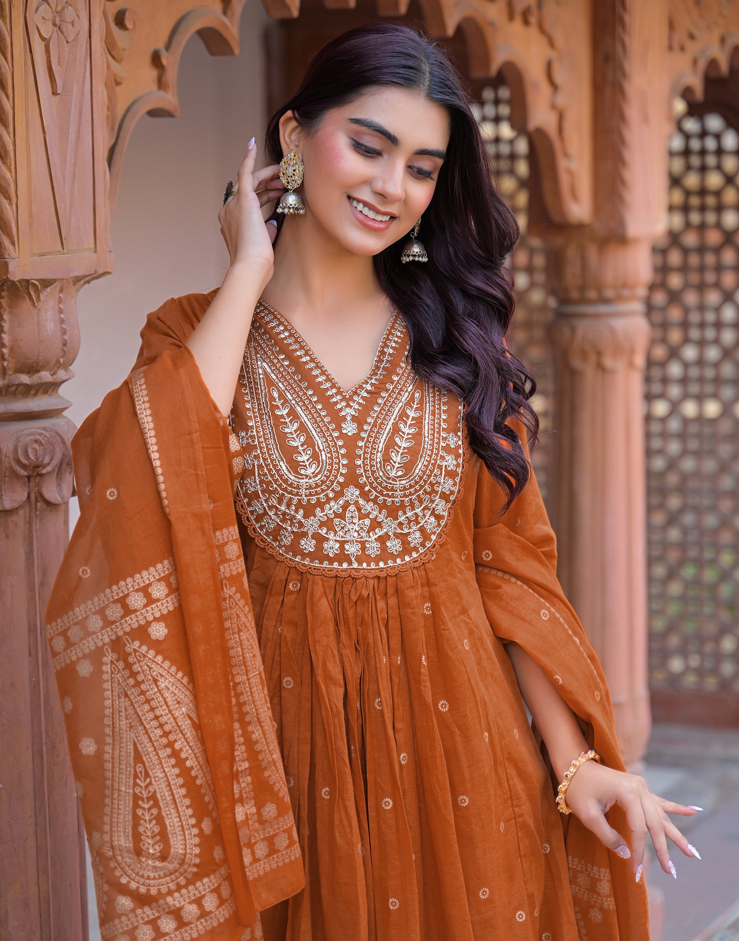 Skylee Cotton Embroidered Anarkali 3 Piece Kurta Set For Woman