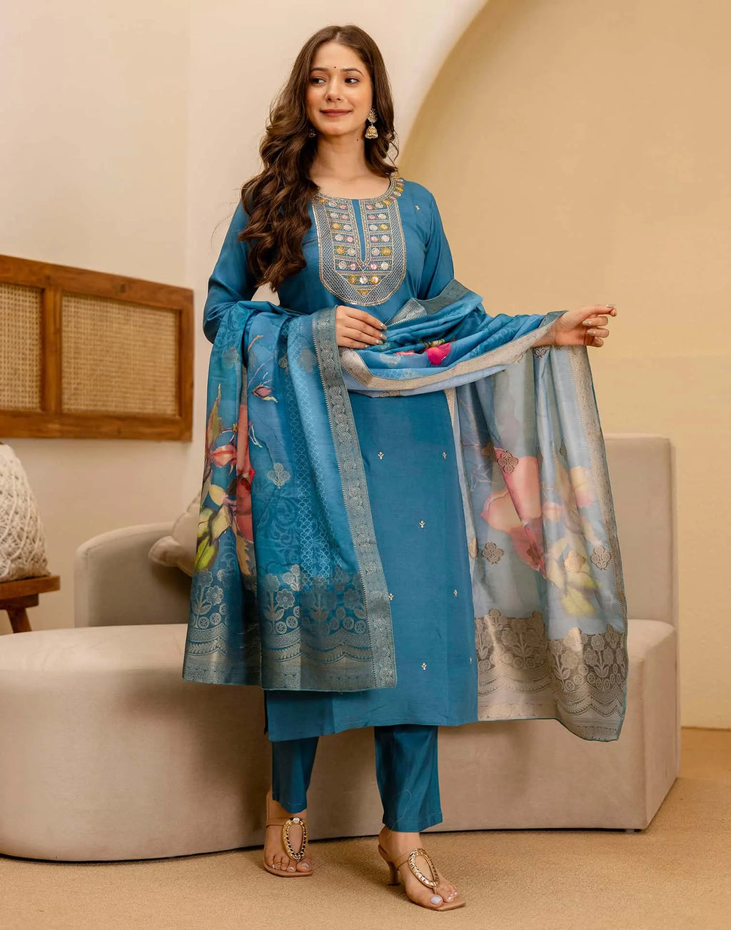 Skylee Silk Blend Embroidered Straight 3 Piece Kurta Set For Woman