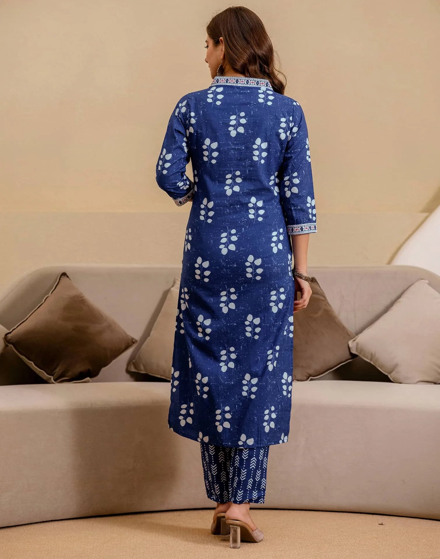 Dark Blue Cotton Printed Straight Kurta with Pant & Dupatta for Women