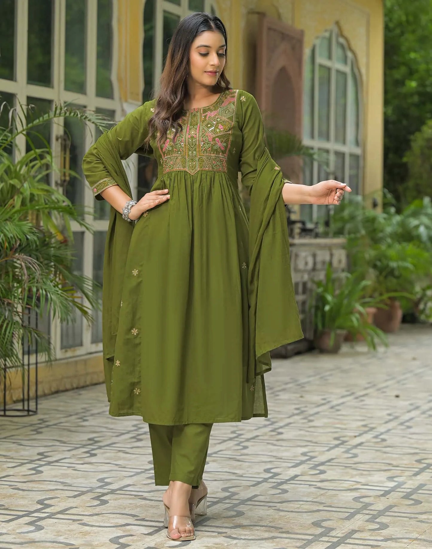 Cotton Embroidered A-line Kurta with Pant & Dupatta