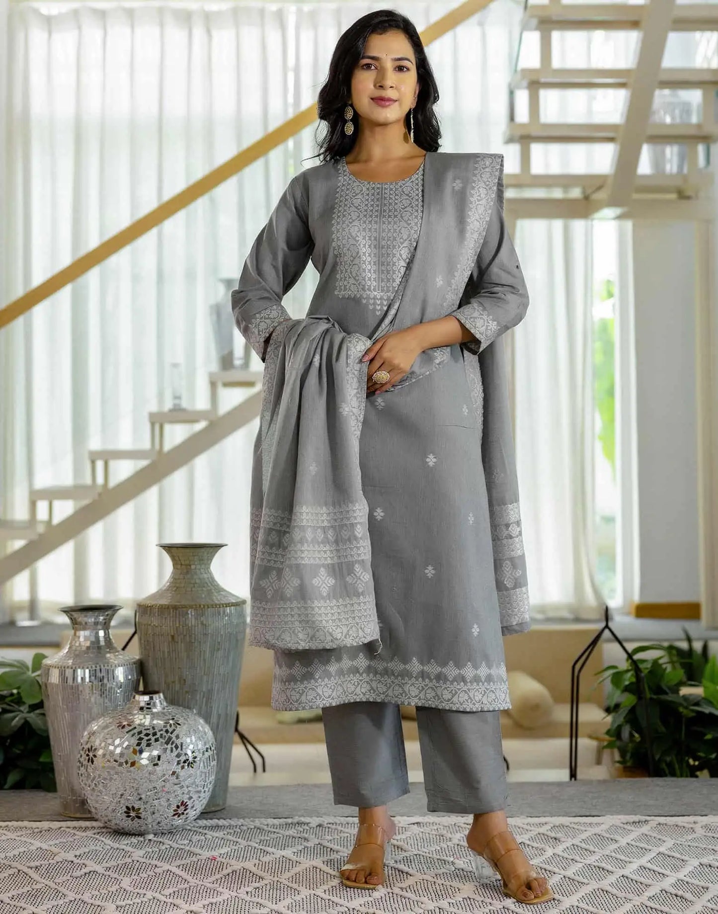 Grey Cotton Woven Straight Kurta Set with Pant & Dupatta under 1250