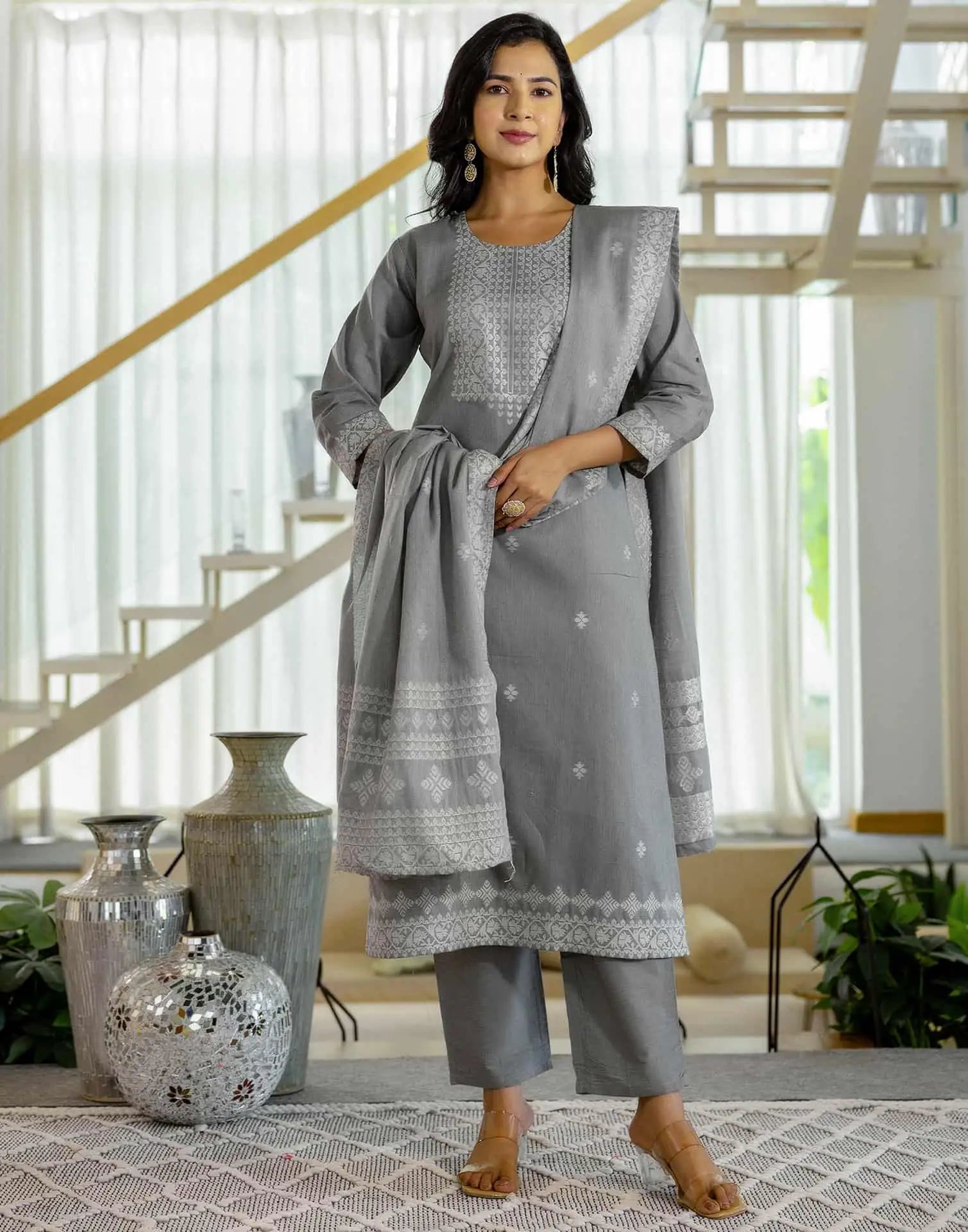 Grey Cotton Woven Straight Kurta Set with Pant & Dupatta under 1250