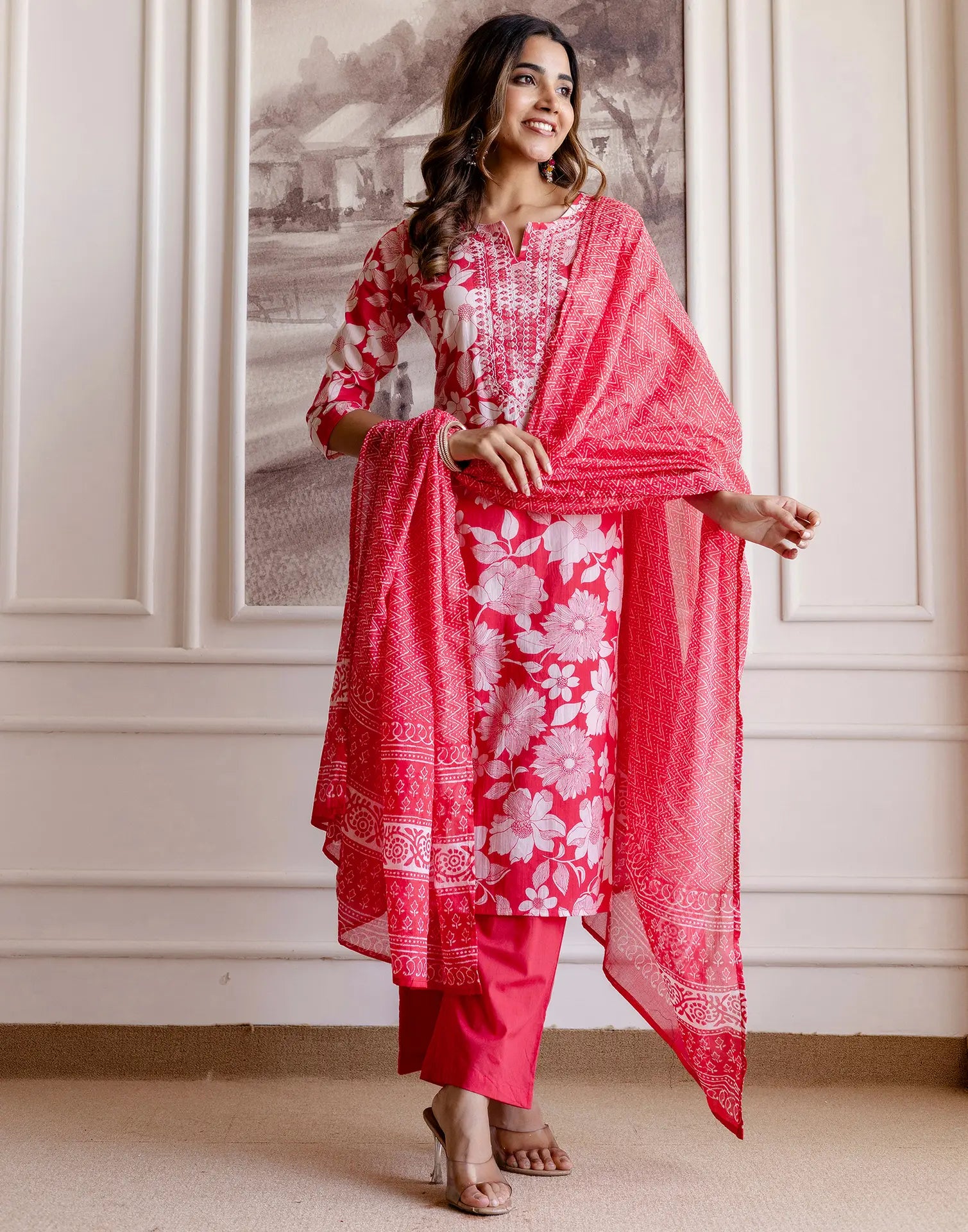 Viscose Rayon Floral Print Straight 3 Piece Kurta Set