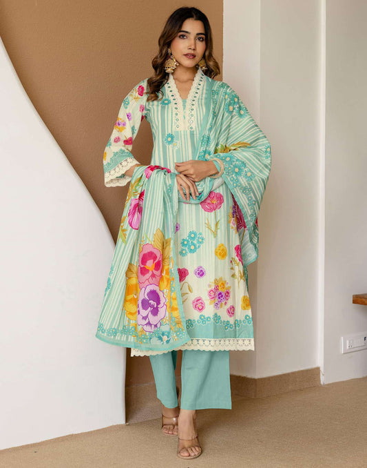 Cotton Printed Straight Kurta with Pant & Dupatta