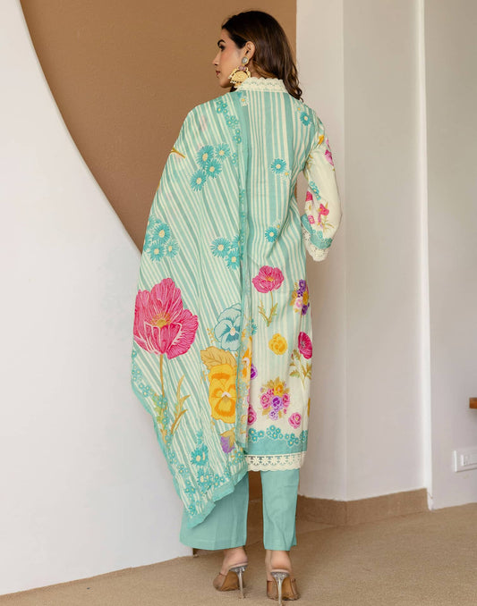 Cotton Printed Straight Kurta with Pant & Dupatta