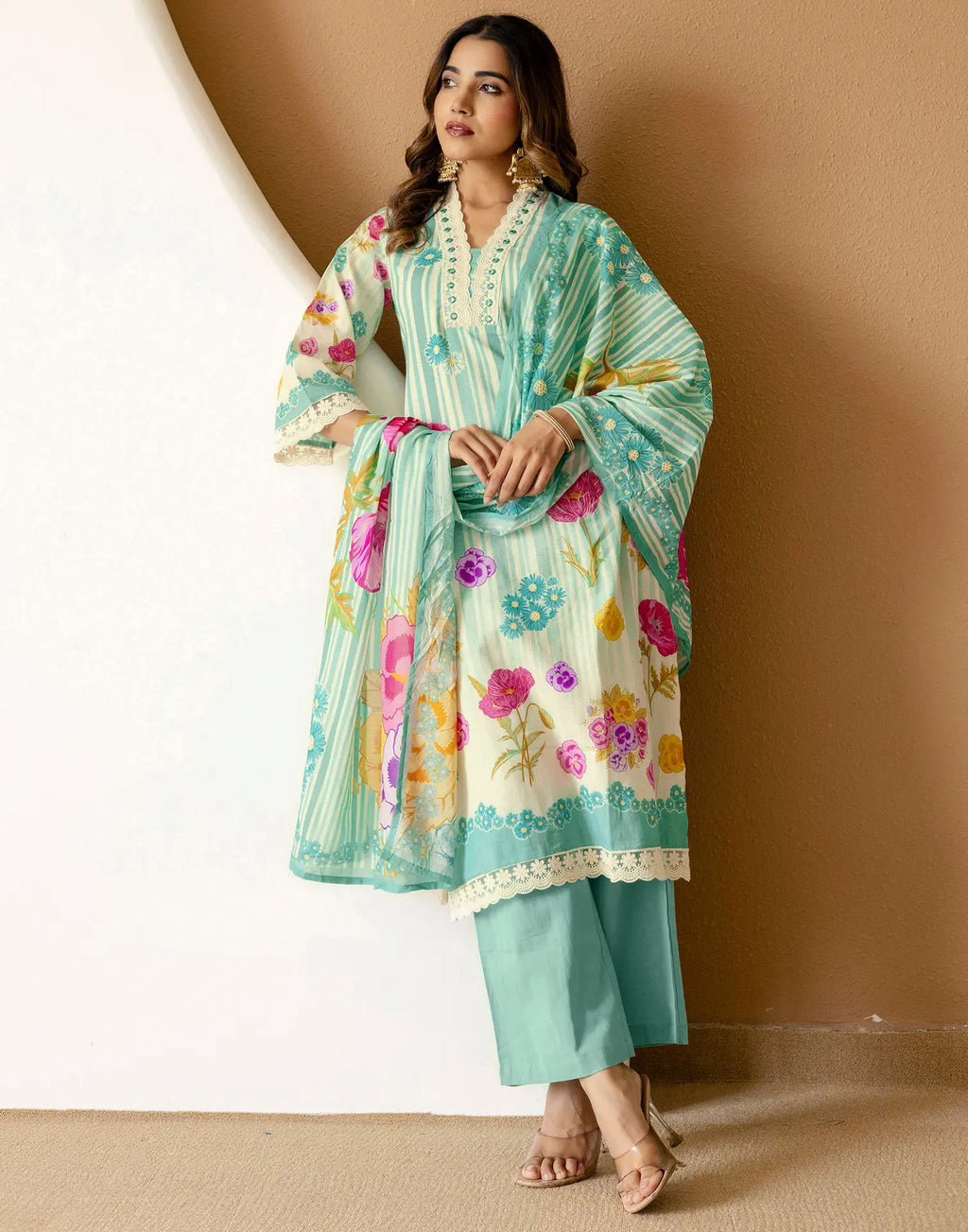 Viscose Rayon Floral Print A-Line 3 Piece Kurta Set