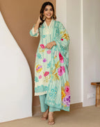 Viscose Rayon Floral Print A-Line 3 Piece Kurta Set