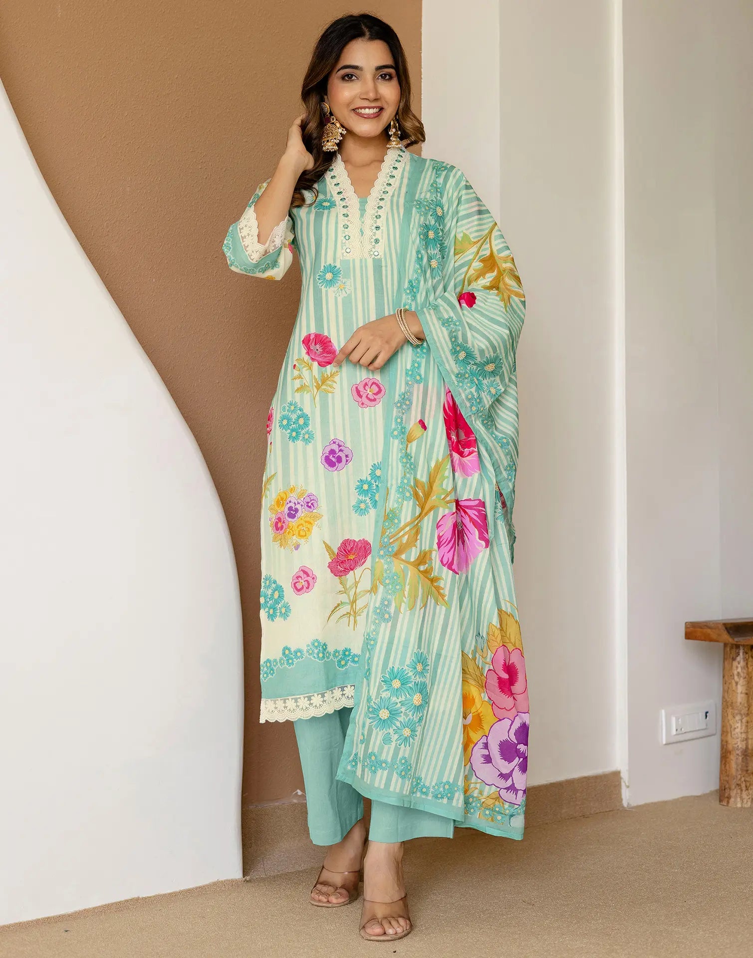 Viscose Rayon Floral Print A-Line 3 Piece Kurta Set