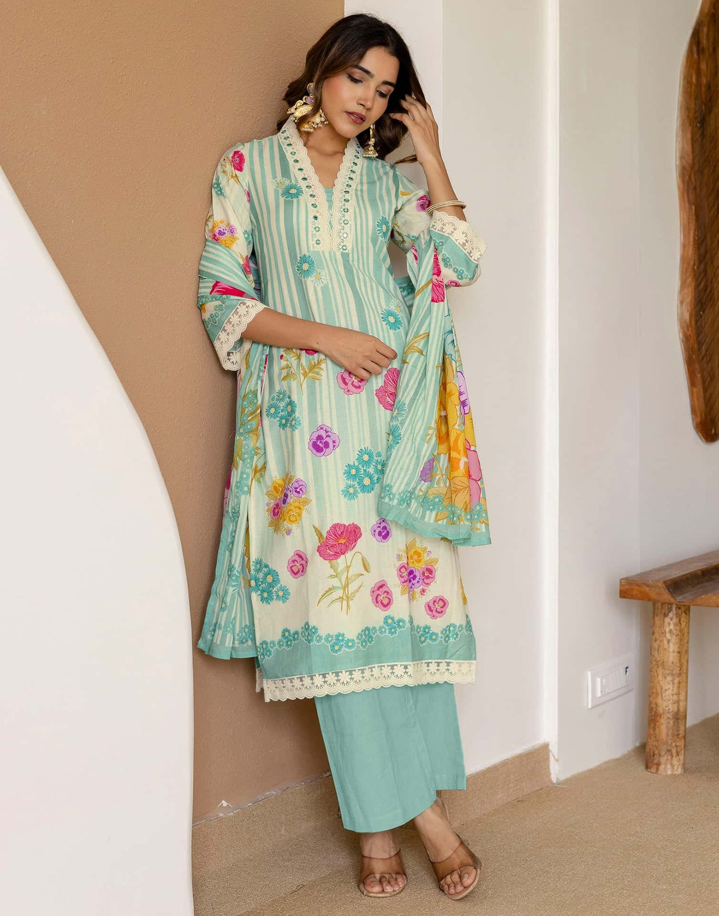 Cotton Printed Straight Kurta with Pant & Dupatta