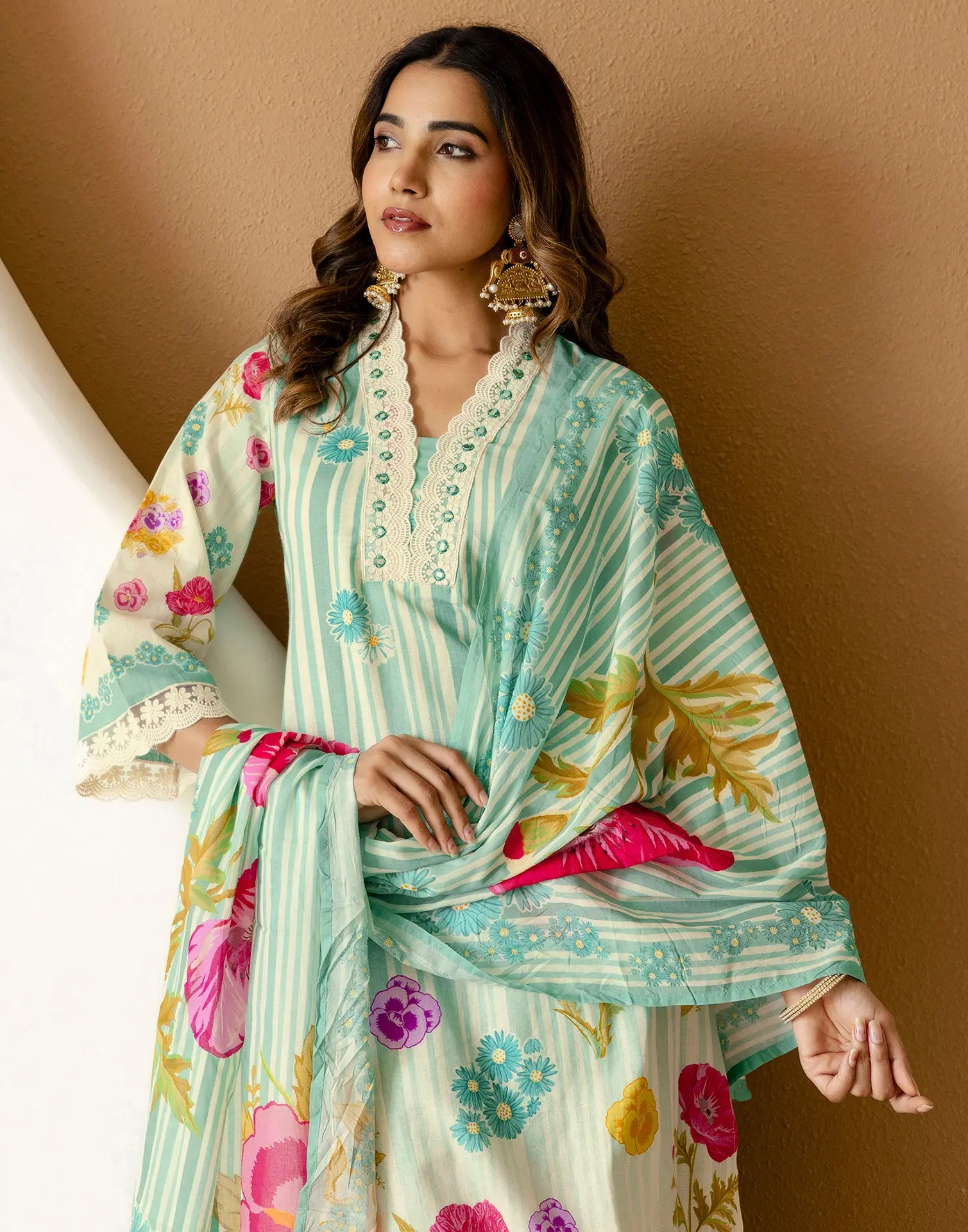 Viscose Rayon Floral Print A-Line 3 Piece Kurta Set
