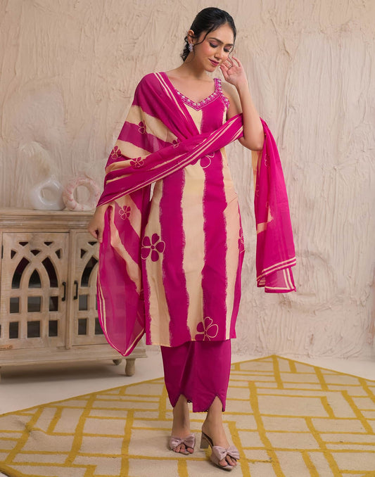 Pink Cotton Printed Straight Kurta Set with Pant & Dupatta V-Neck Casual & Office Wear for Women