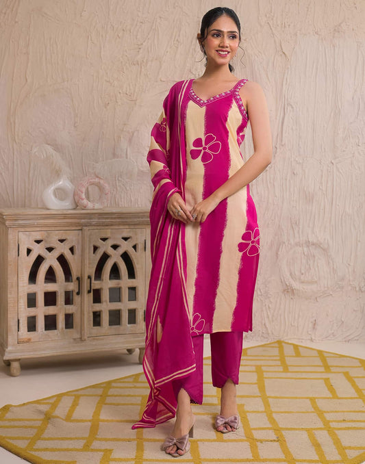 Pink Cotton Printed Straight Kurta Set with Pant & Dupatta V-Neck Casual & Office Wear for Women