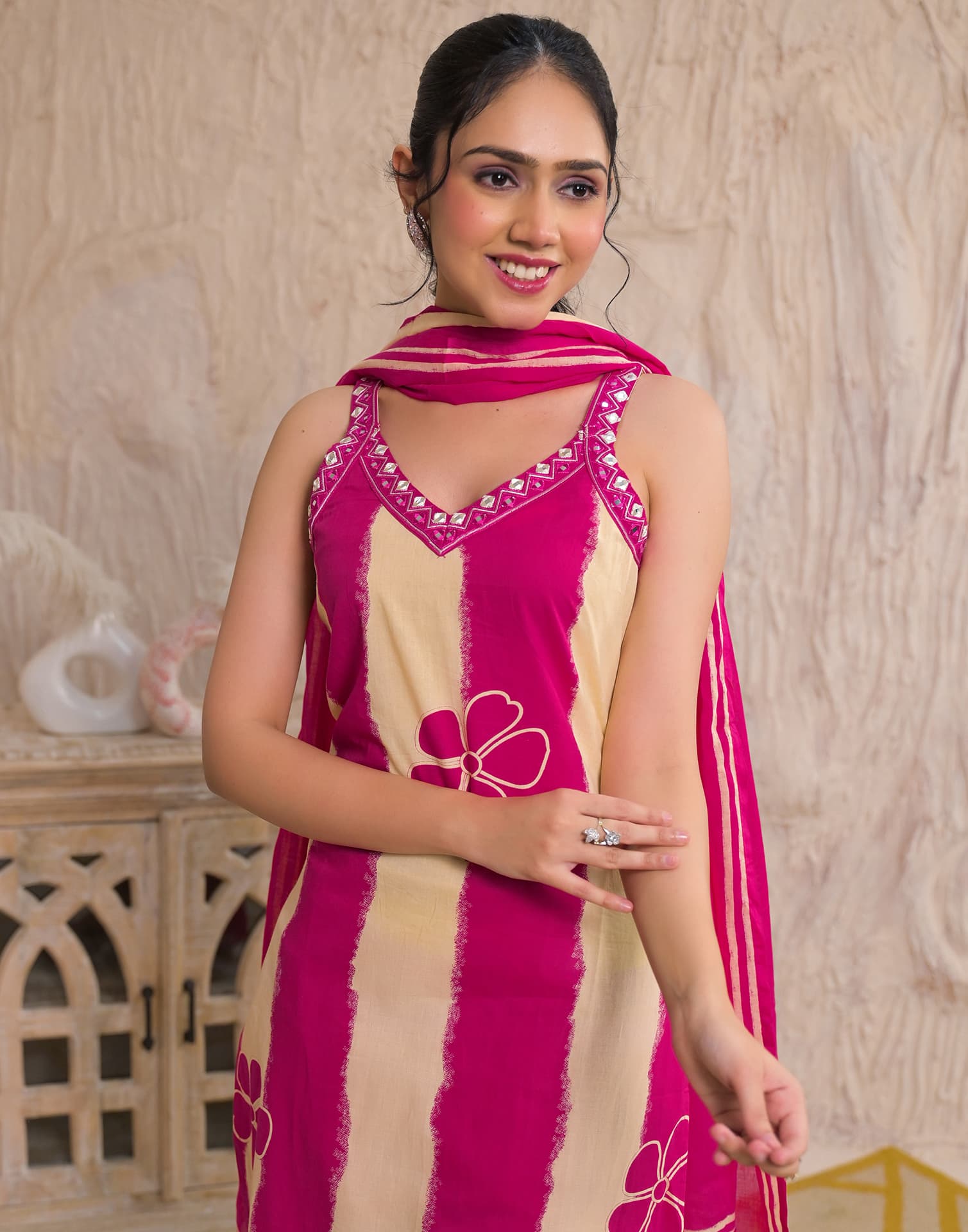 Pink Cotton Printed Straight Kurta Set with Pant & Dupatta V-Neck Casual & Office Wear for Women