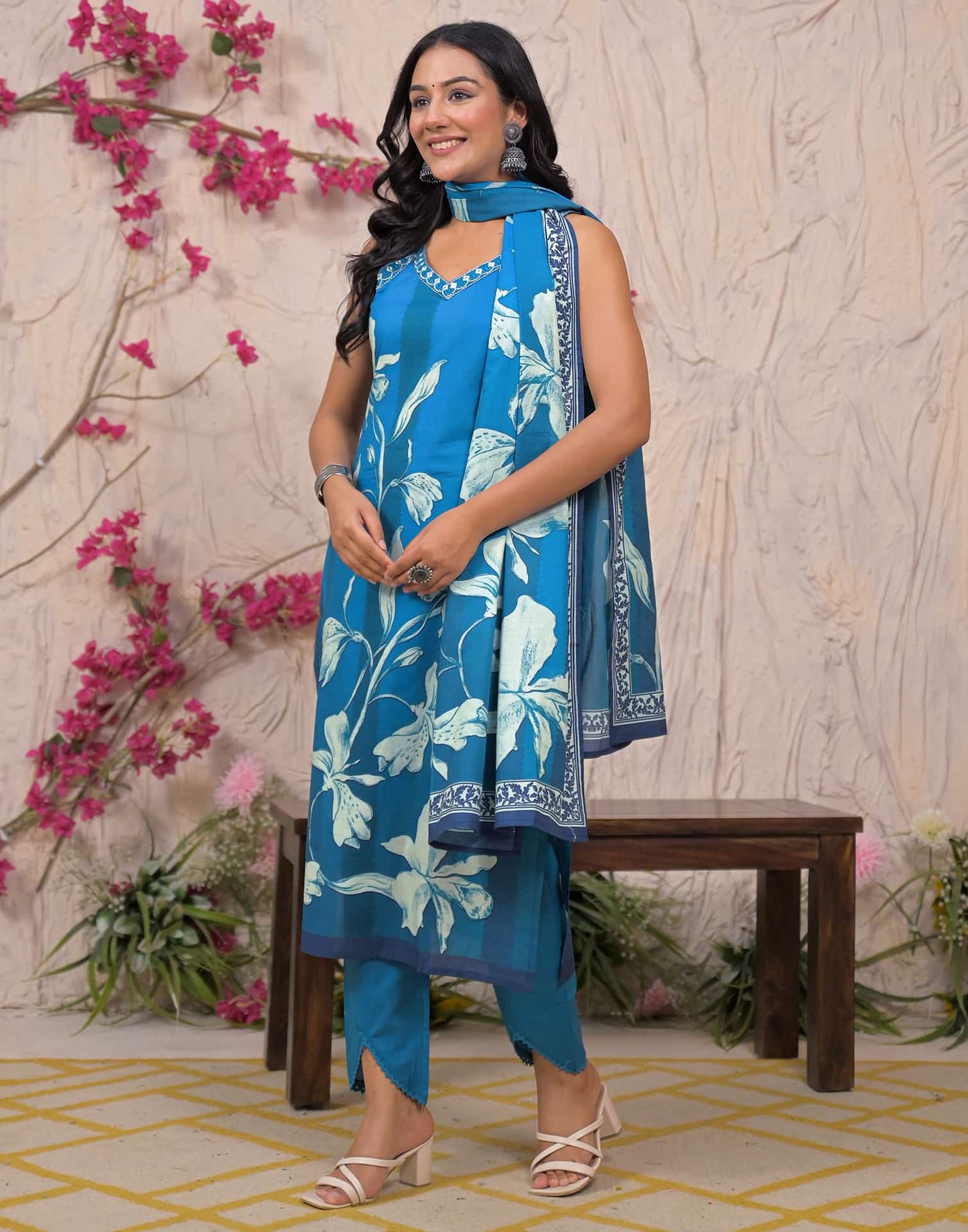 Blue Cotton Printed Straight Kurta Set with Pant & Dupatta V-Neck Casual & Office Wear for Women